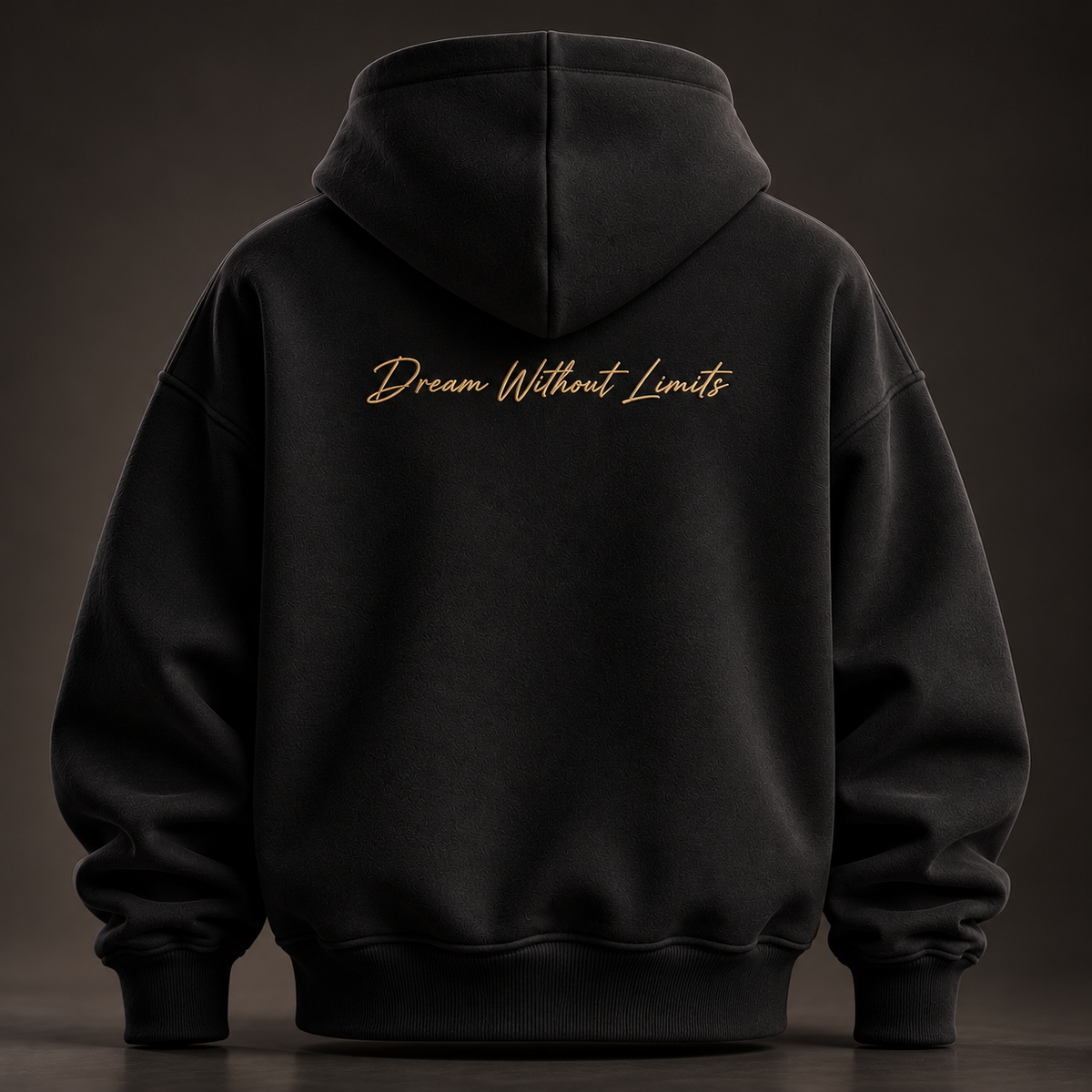 AVERO BLACK oversized hoodie, back, with Dream Without Limits script below the hood