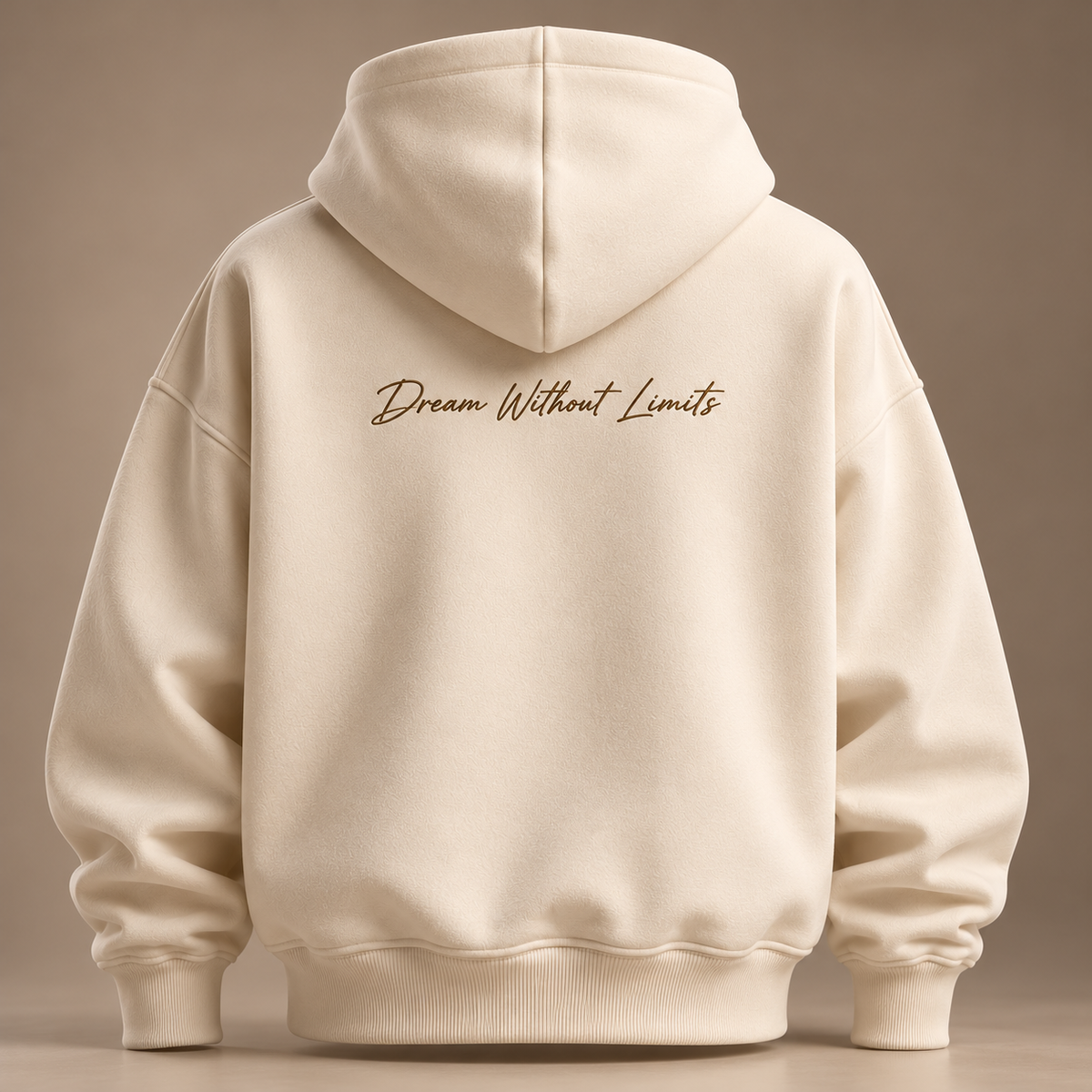 AVERO IVORY oversized hoodie, back, with Dream Without Limits script below the hood