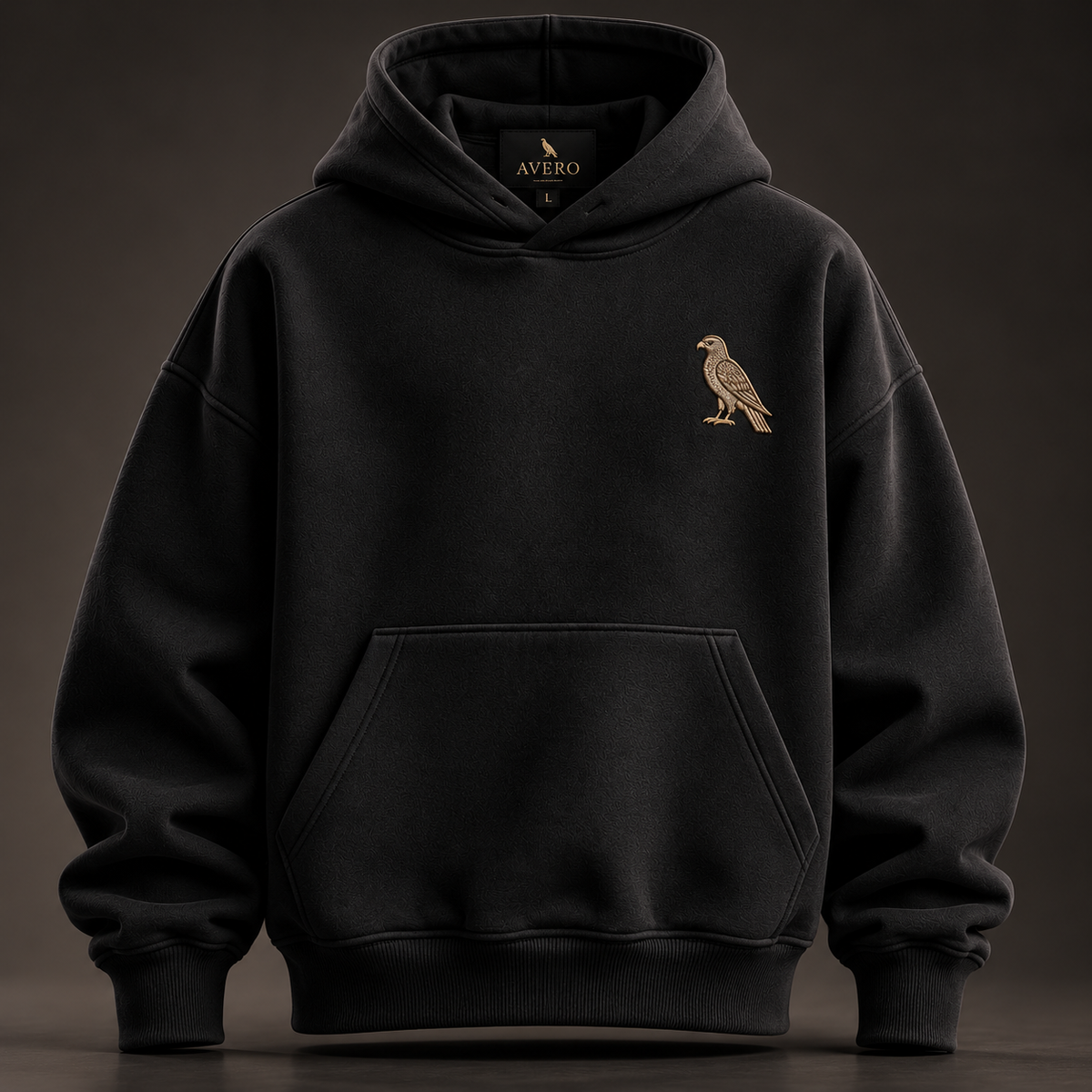 AVERO BLACK oversized hoodie, front, with champagne embroidered falcon on the left chest